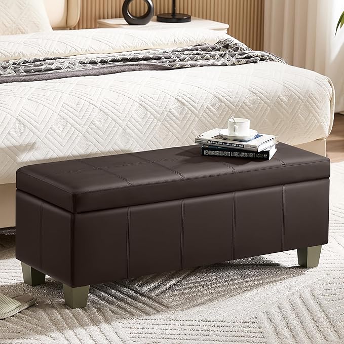 41" Faux Leather Storage Ottoman, Stitch Tufted Rectangle Upholstered End of Bed Storage Bench, Entryway Large Couch Ottoman with Wooden Legs,Brown