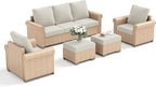 Patio Furniture Set 5 pcs, Wicker Rattan Sofa with 5.5" Thick Waterproof Cushions, 2 Chairs and Ottomans, All Weather Outdoor Conversation Set for Backyard Deck, 7 Seats Beige