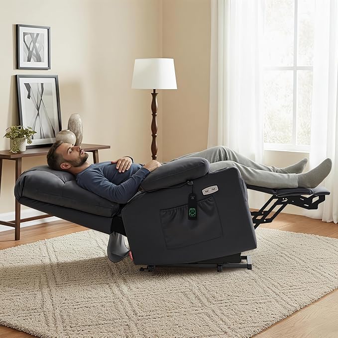 MCombo Large Dual Motor Power Lift Recliner Chair for Elderly, Massage and Heat, Lay Flat, Zero Gravity, Home Button, USB Port, Faux Leather 7680 (Black, Large)