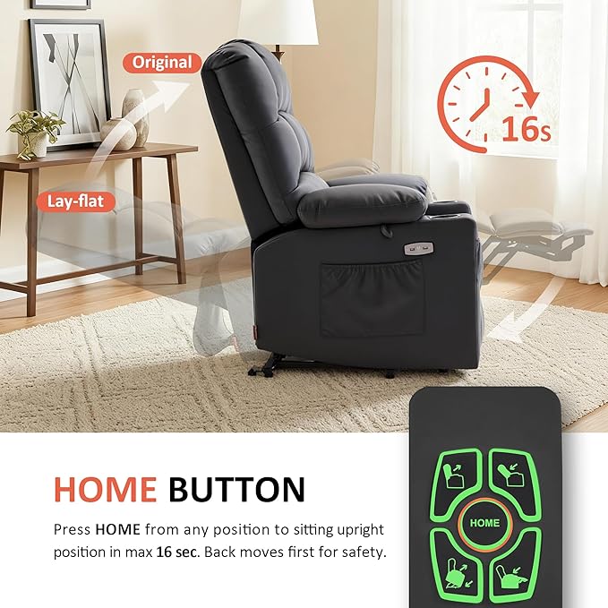 MCombo Large Dual Motor Power Lift Recliner Chair for Elderly, Massage and Heat, Lay Flat, Zero Gravity, Home Button, USB Port, Faux Leather 7680 (Black, Large)