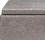 SIMPLIHOME Owen 34 inch Wide Mid Century Modern Rectangle Tray Top Small Coffee Table Storage Ottoman in Distressed Grey Vegan Faux Leather, Assembled, For the Living Room, Entryway and Family Room