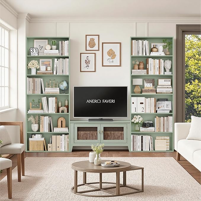 FOTOSOK 70.8" Tall Bookcase Shelf, 6 Tier Wide Bookshelf with Storage, Billy Bookcase Set of 2, Large Bookshelf for Living Room, Home Office,Green