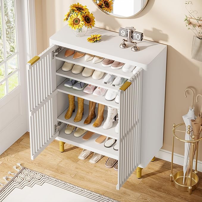 Tribesigns Shoe Cabinet with Shutter Doors, 6-Tier Entryway Shoe Cabinet with Adjustable Shelves, Wooden Modern Rack Organizer for Entryway, Hallway, Closet, Living Room, White