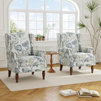 Accent Chair, Upholstered High Back Floral Armchair with Nailhead Trim & Wood Legs, Comfy Wingback Reading Single Sofa Chair for Small Spaces, Living Room, Bedroom ( Plants Blue Floral, Set of 2)