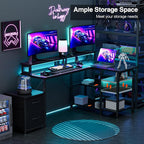YOUNGAR L Shape Gaming Desk with File Drawers&Power Outlet, 69.3 Inch Reversible 2 Person Desk,Corner L Shape or Long Desk Set up,Monitor Stand &Storage Shelves, LED Lights &CPU Stand,Black