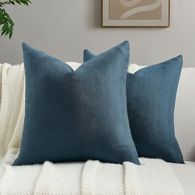 FUTEI Navy Blue Chenille Throw Pillow Covers 22x22 Inch Set of 2,Soft Wide Chevron Textured Cushion Case,Farmhouse Home Decor for Couch Bed Living Room