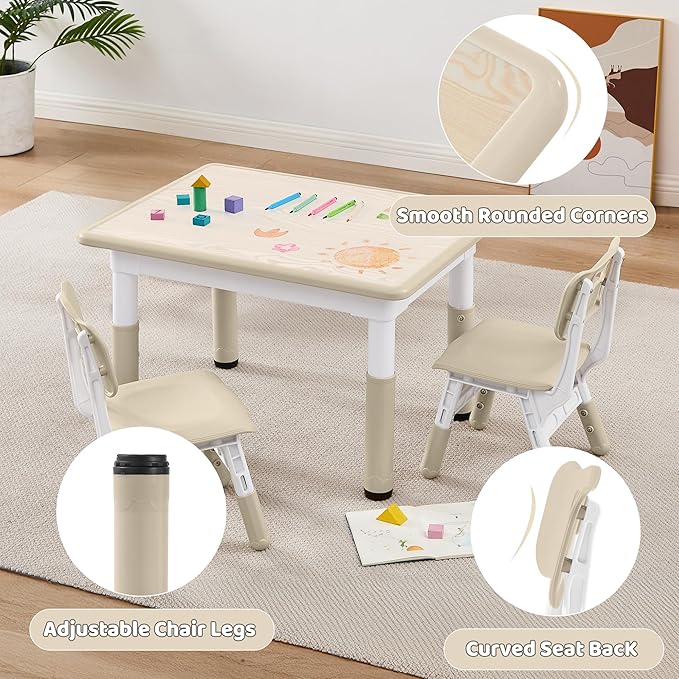 Adjustable Kids Table Chairs Set – Graffiti Desktop, Multi-Activity Height-Adjustable Toddler Study Desk for Ages 3-8 – Ideal for Home, Classroom, Daycare (W-Wood, 2 Chairs-31.5" L x 23.6" W)