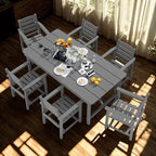 7 Piece Patio Dining Set with 11ft Patio Umbrella (Navy), 7 Gray Outdoor HDPE Dining Set with 6 Chairs + 1 Large Table with 2" Umbrella Hole, for Market, Pool, Garden, Backyard, Deck