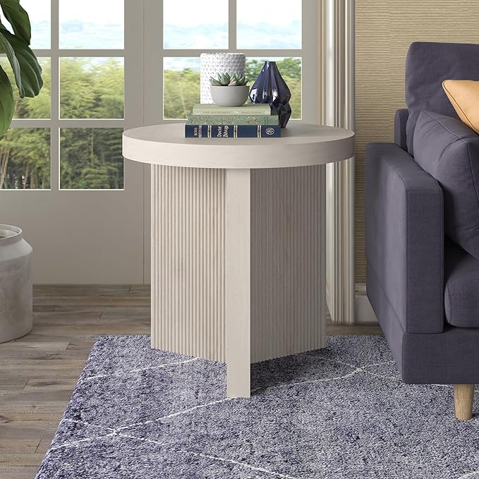 Henn&Hart 22" Fluted Scandinavian Round End Table, Ribbed Side Table, Nightstand for Living Room, Office, Family Room, or Bedroom, Alder White