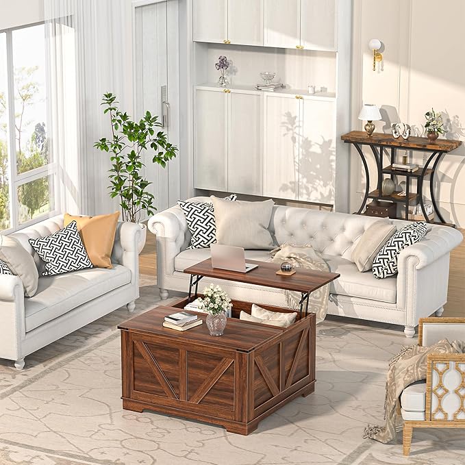 31.5'' Lift Top Coffee Table, Wood Square Farmhouse Coffee Table with Storage, Built in Outlet Center Table for Living Room, Small Spaces, Home