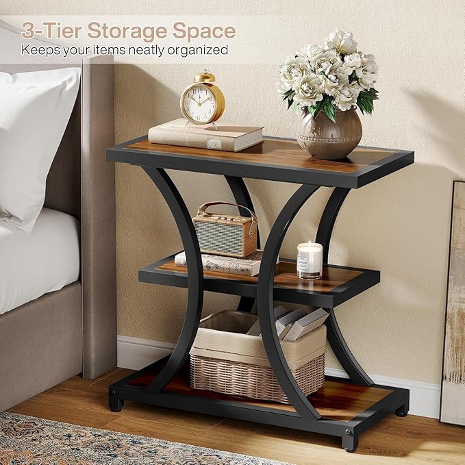 Tribesigns End Table with Storage, 3-Tier Side Table with Geometric Metal Design, Industrial Nightstand for Small Spaces, Living Room, Bedroom, Study Room (1, Rustic Brown)