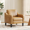 PU Leather Accent Chair, Mid-Century Modern Living Room Armchair Sofa with Removable Cushions, Solid Wood Frame & Stitched Armrest Design, Bedroom Chair with Plastic Legs, Brown
