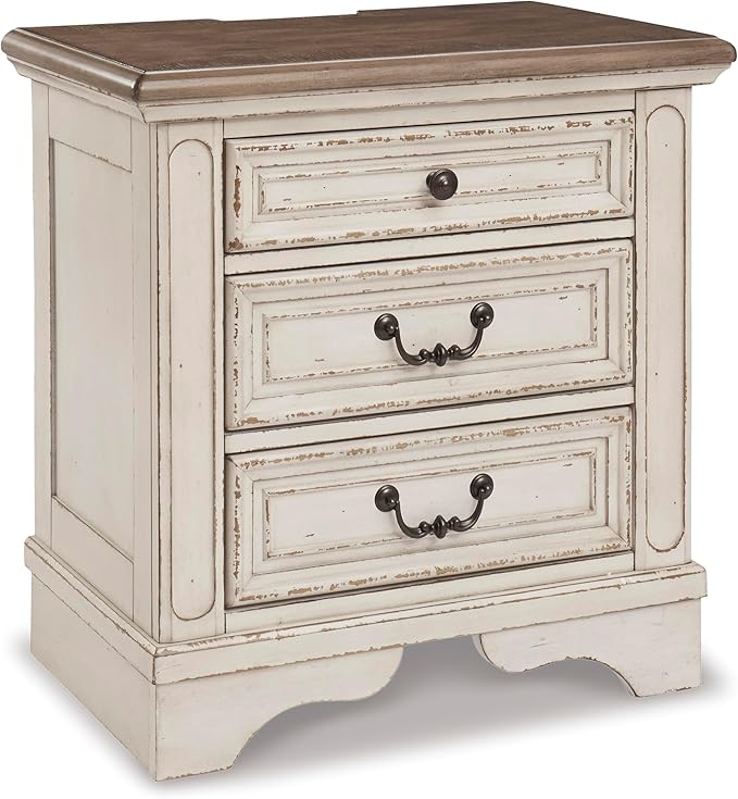 Signature Design by Ashley Realyn French Country 3 Drawer Nightstand with Electrical Outlets & USB Ports, 27.75" Tall, Chipped White