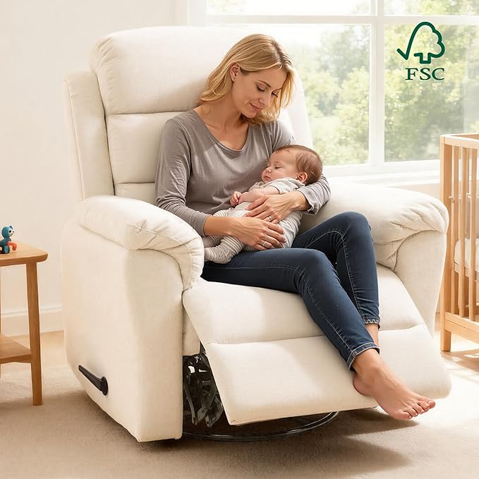 FLEXISPOT XRC6 Nursery Swivel Rocker Recliner with Massage & Heat, Rocking Glider Chair w/ 28" High Back, Comfy Upholstered Armchair for Living Room Nursery, FSC Certified(Premium Chenille, Beige)