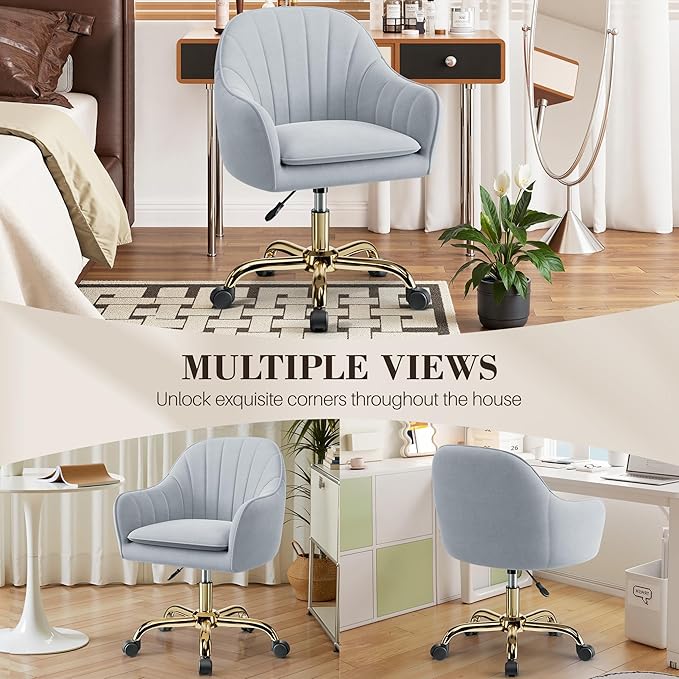 Comfy Home Office Desk Chairs Vanity Chair with Wheels Adjustable Modern Velvet Makeup Vanity Chairs for Bedroom Living Room（Grey）