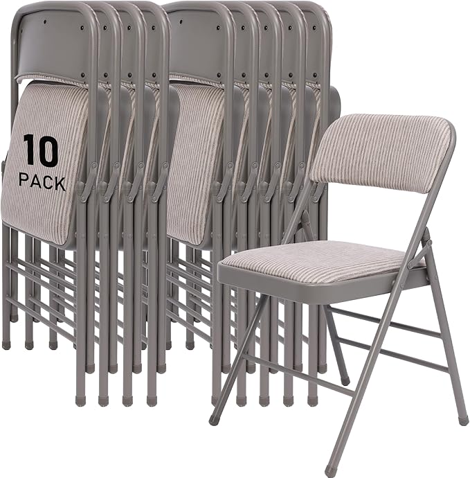 SEALAMB 10 Pack Fabric Folding Chairs with Padded Seats & Cushion, Metal Foldable Chairs for Wedding Party, Commercial Chairs for Office School Church Events, 350lb Capacity (Gary-Fabric, 10 Pack)