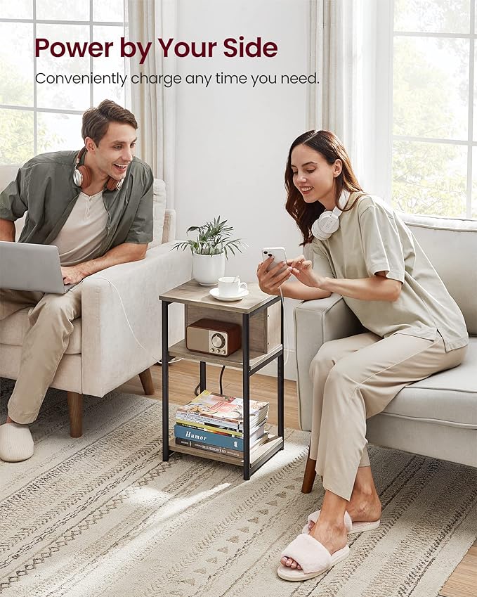 VASAGLE Side Table with Charging Station, 3-Tier End Table with USB Ports and Outlets, Nightstand for Living Room, Bedroom, 11.8 x 13.4 x 22.8 Inches, Plug-in Series, Greige and Black