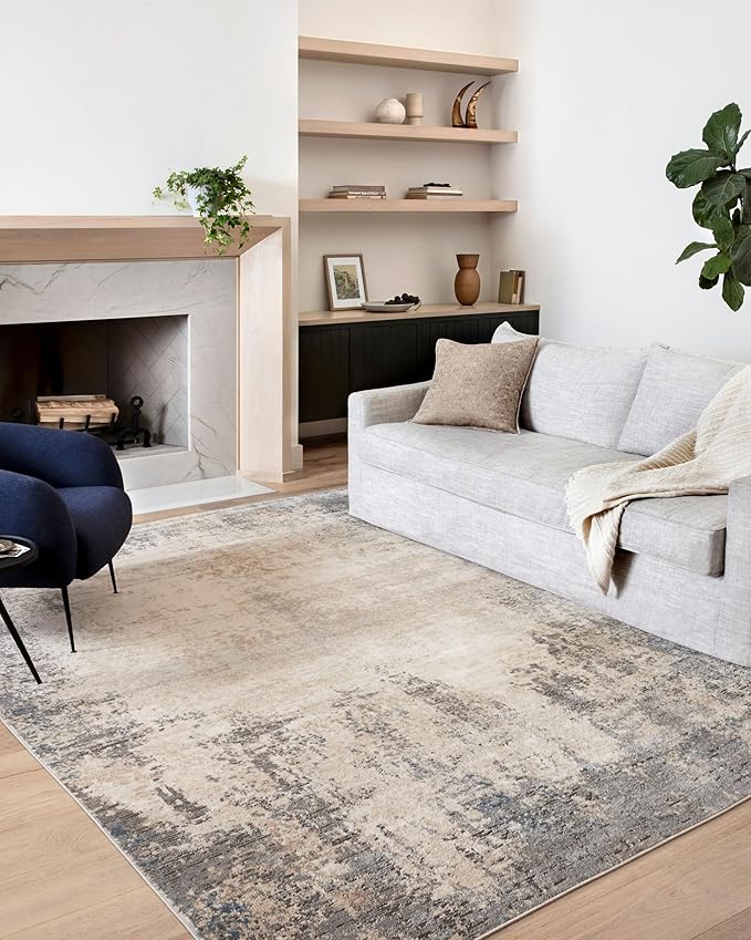 Loloi Teagan Collection TEA-08 Ivory/Mist 2'-8" x 7'-6" Runner Rug, Large, Soft Neutral Rug, High-Traffic for Living Room, Bedroom, Home Office, Dining Area