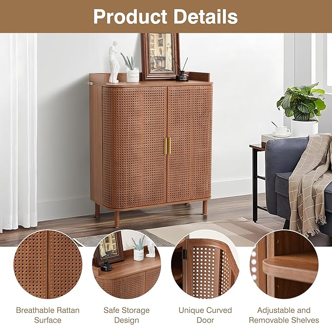 ORRD Shoe Cabinet, 5 Tier Boho Wooden Shoe Storage Organizer Cabinet with Adjustable Shelves, Shoes Rack with Iron Rattan Curved Doors Accent Cabinet for Entryway Hallway Living Room, Walnut