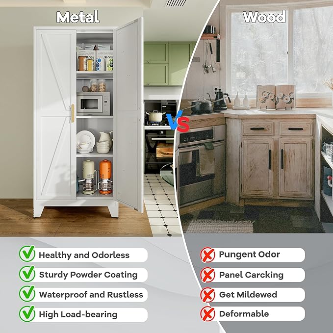 Large Metal Kitchen Pantry Cabinet with Adjustable Shelves - Freestanding Kitchen Storage Cabinet for Dining Room,Livingroom Bathroom, Hallway, Workshop, Office (White, 61"- 0 Drawer)