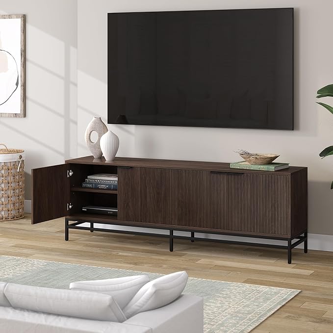 Henn&Hart Fluted TV Stand for TVs up to 78'' with 2 Storage Cabinets and Adjustable Shelves for Living Room, Family Room, or Office, Alder Brown