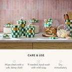 MACKENZIE-CHILDS Small Kitchen Canister, Decorative Glass Storage Jar with Lid, Green-and-White Emerald Check
