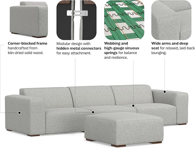 SIMPLIHOME Rex Modular Sofa and Ottoman Set in 100% Recycled Polyester Tightly Woven Performance Fabric, Pale Grey, 122-inch-wide 3-Seater Couch and Matching 34-inch-wide Ottoman for Living Room