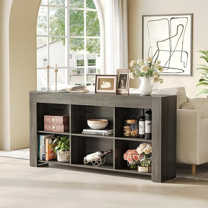 LITTLE TREE Console Table with Storage, 63-Inch Narrow Long Sofa Table, Entryway Table with 6 Cubes, Farmhouse Storage Shelves for Entryway, Living Room