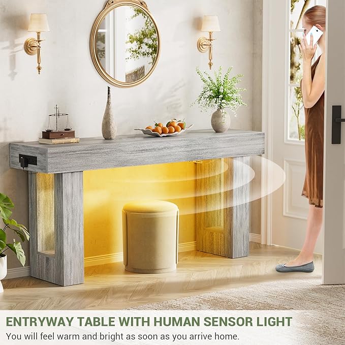 Unikito 63'' Farmhouse Console Table with Power Outlets and Sensor Light, Wooden Entryway Table with Storage, Rectangular Sofa Tables Behind The Couch for Entrance, Hallway, Living Room, White Oak