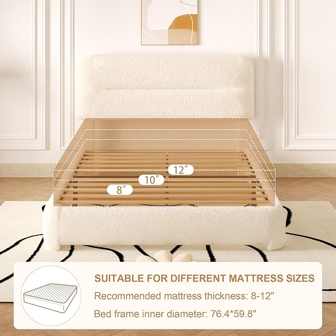 Full Size Cloud Bed Frame, Upholstered Boucle Platform Bed with Adjustable Headboard, Anti-Collision Soft Rounded Corners, Noise Free, Easy Assembly, Cream
