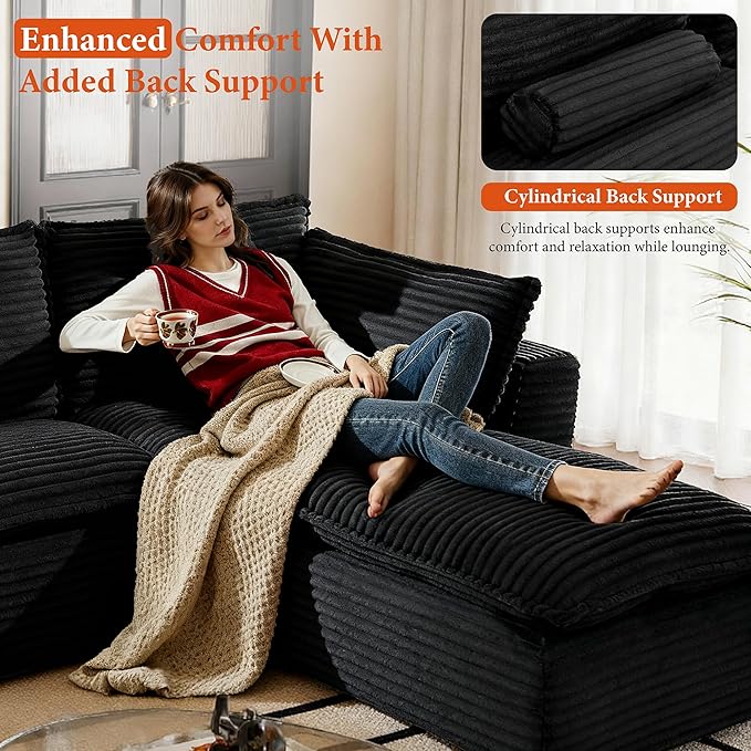 108" Sectional Couches for Living Room Boneless Couch Upholstered Cloud Couch Sectional Modular Sectional Sofa with L Shaped (Corduroy-Black, 4 Seat+2 Ottoman)