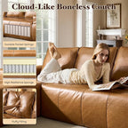 114" Boneless Couches for Living Room, Brown Faux Leather Cloud Sectional Couches with Chaise, Deep Seat L Shaped Modular Sofa, No Assembly Required Sofas in a Box (Left,Faux Leather,Brown)