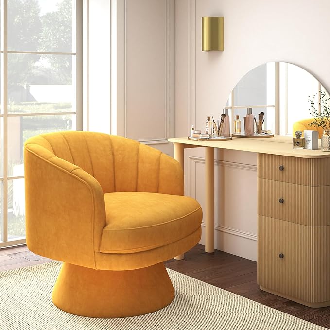 Swivel Accent Chair Set of 2,Upholstered Velvet 360° Swivel Barrel Chair for Living Room Overstuffed Bouncle Reading Chair Round Armchair for Bedroom,Vanity,Office (Mustard)