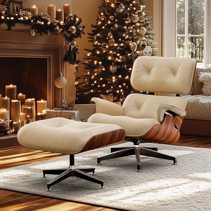 Top White Grain Leather, Mid Century Chaise Lounge Chair and Ottoman, Modern Chair Classic Design, Palisander Wood, Heavy Duty Base Support for Living Room Office