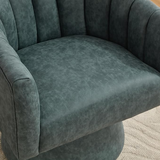Swivel Accent Chair, Faux Leather 360° Swivel Barrel Chair Upholstered Modern Living Room Chair, Overstuffed Reading Armchair for Bedroom,Vanity,Office-Navy