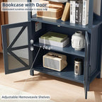 5 Tier Bookshelf 70" Tall Bookcase with Barn Doors,Large Farmhouse Display Book Shelf with Adjustable Shelves and Storage Cabinet，Library Wood Bookshelves for Living Room,Kitchen,Navy Blue