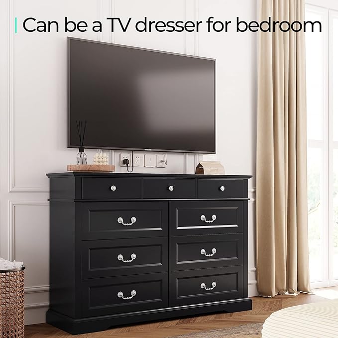 LINSY HOME Farmhouse Dresser for Bedroom, 9 Drawer Bedroom Dresser with Antique Handles, Wood Chest of Drawers for Nursery, Living Room, Entryway and Hallway, Black