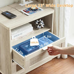 LEYAOYAO Rattan Nightstands with Charger Station, 23" Wide Boho Night Stand with 2 Drawers, Grey White Bedside Table Open Shlef, Bed Side End Table Dresser for Bedroom, Living Room Hallway