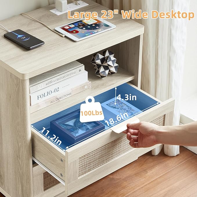 LEYAOYAO Rattan Nightstands with Charger Station, 23" Wide Boho Night Stand with 2 Drawers, Grey White Bedside Table Open Shlef, Bed Side End Table Dresser for Bedroom, Living Room Hallway