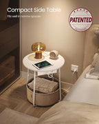 VASAGLE LILEA Collection - Side Table with Charging Station, Round End Table with Fabric Basket, Nightstand with USB Ports, for Living Room, Bedroom, Modern, Matte White and Camel Brown ULET228W01