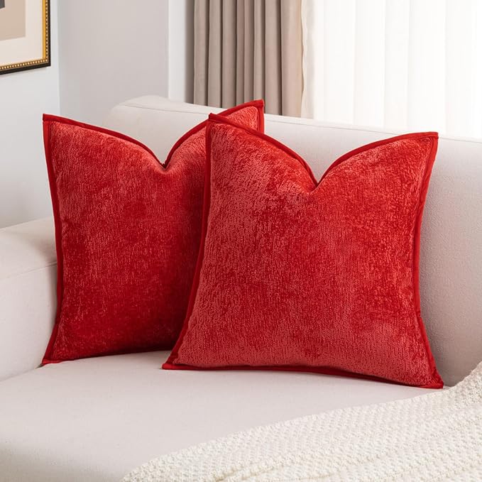 FUTEI Christmas Red Chenille Throw Pillow Covers 20x20 Inch Set of 2,Soft Cozy Bound Edge Design Cushion Case,Home Decor for Couch Bed Living Room