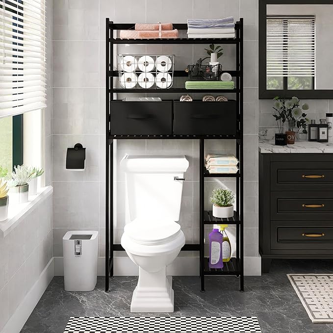 SMIBUY Over-The-Toilet Storage Rack, 6-Tier Bamboo Large Bathroom Organizer with Side Shelves and 2 Drawers, Stable Freestanding Space Saver for Bathroom, Laundry Room(Black)