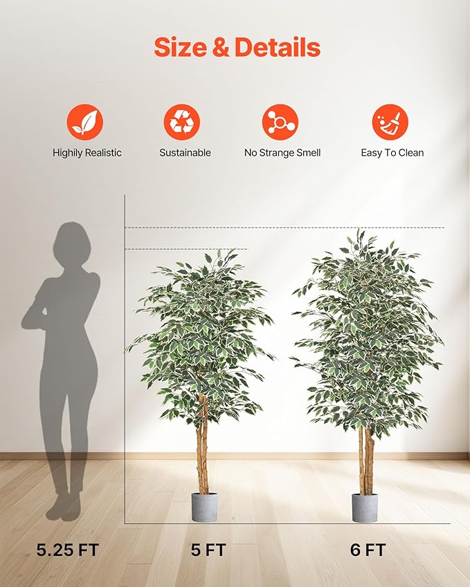 VEVOR 5FT Artificial Ficus Tree with Black Pot, Tall Faux Ficus Plant with Natural Wood Trunk and Realistic Green Leaves, Indoor Fake Silk Tree for Home, Office, Living Room, or Corner Décor