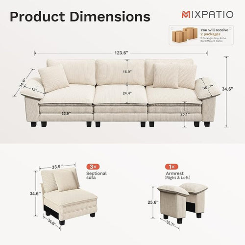 123" Cloud Modular Sectional Sofa, 3-Seater w/Deep Seat & Removable Arms, Plush Corduroy for Living Room - Beige