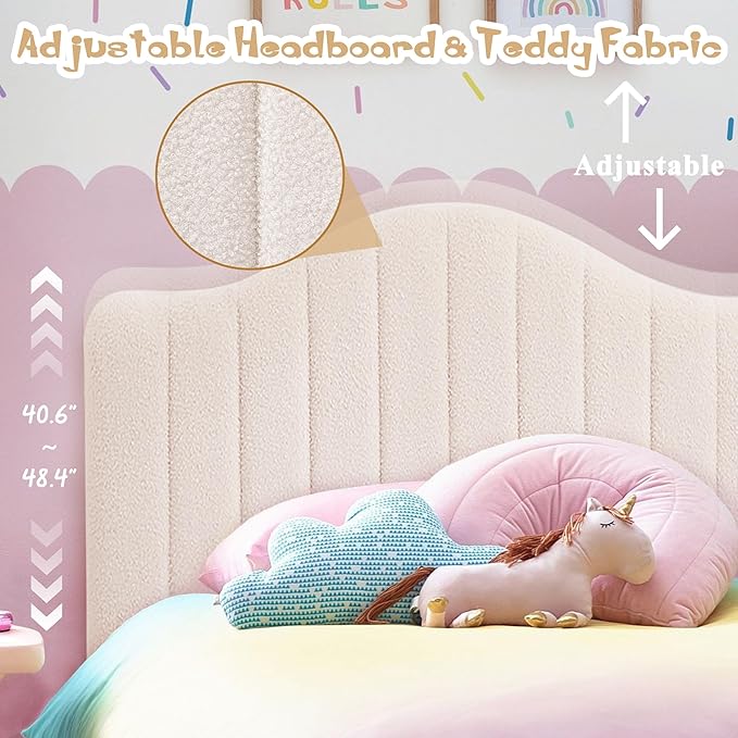 VECELO Twin Bed Frame Upholstered Platform Bed Frame with Height Adjustable Teddy Fabric Headboard, Strong Wood Slats Supports 7.9'' Under Bed Space Noise Free No Box Spring Needed, Beige