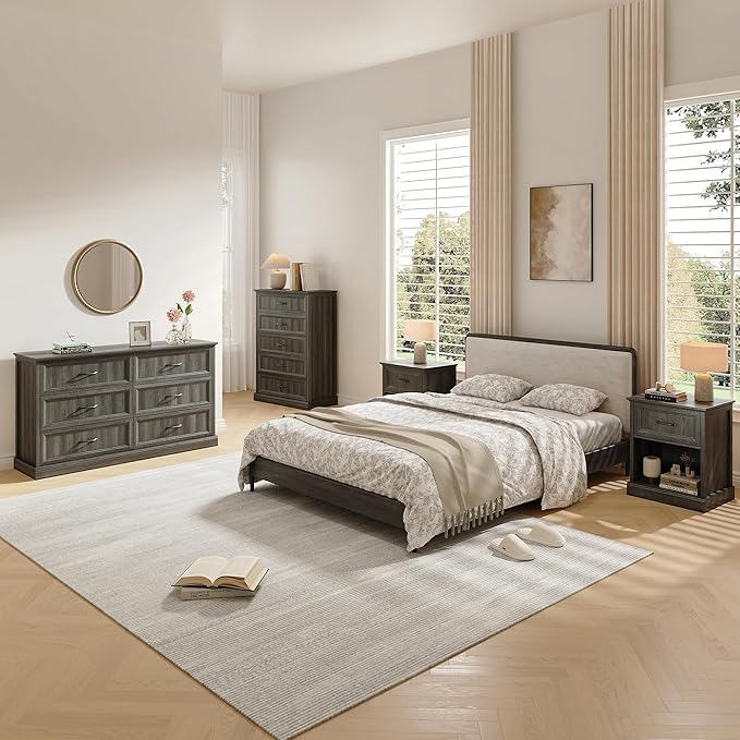 Farmhouse Dresser and Nightstand Sets, 4Pcs Bedroom Furniture Set, Nightstand Set of 2 & 55" Wide 6 Drawer and 44" Tall 5 Drawer Dresser with Large Drawers & Bar Handles, Grey