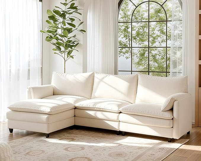 FLEXISPOT SF6 Modular Sectional Sofa with Storage Ottoman, 3-Seater L-Shaped Cloud Sectional Couch, 100.4" Wide Comfy Upholstered Sofa Couch for Living Room Apartment, Chenille White