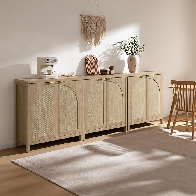 SICOTAS 102"W Rattan Sideboard Buffet Cabinet Set of 3, Mid Century Modern Credenza Storage Cabinet with Arch Doors & Shelves Boho Coffee Bar Media Console Cabinets for Kitchen, Living Room, Entryway