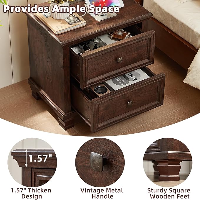 Farmhouse Nightstand Set of 2, Rustic Low Nightstands with 2 Drawers & Charging Station, Vintage Night Stands with 4 Square Solid Wood Legs, Small Dresser for Bedroom, Home, Walnut