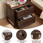 Farmhouse Nightstand with Charging Station, Rustic Low Night Stand with 2 Drawers, Mid-Century Modern End Table with 4 Square Solid Wood Legs, Small Dresser for Bedroom, Home, Walnut